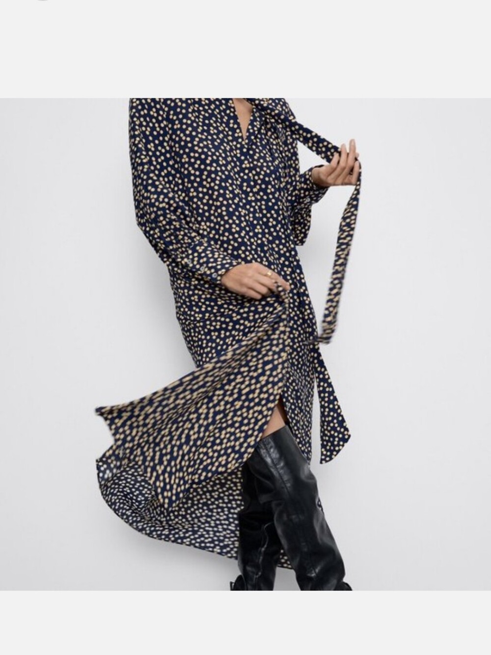 Zara Navy and Cream Spot Print Midi Dress